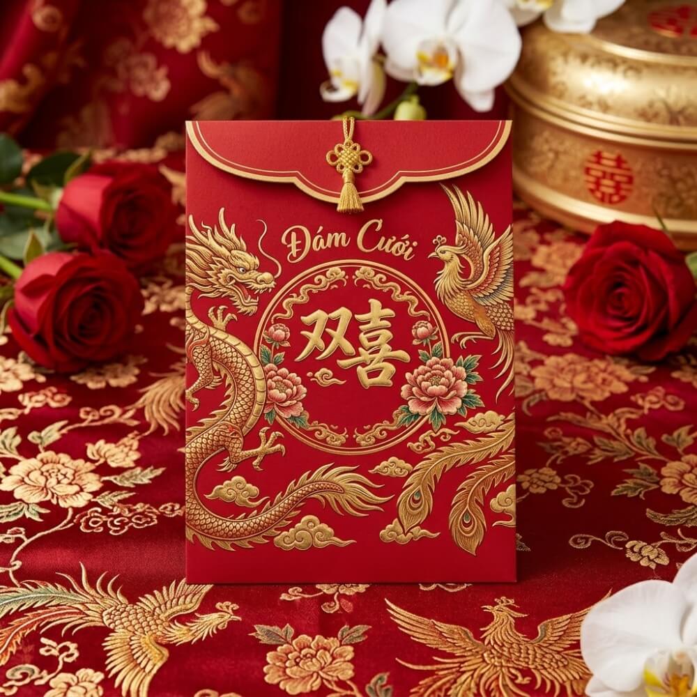 Bao lì xì đám cưới họa tiết long phụng