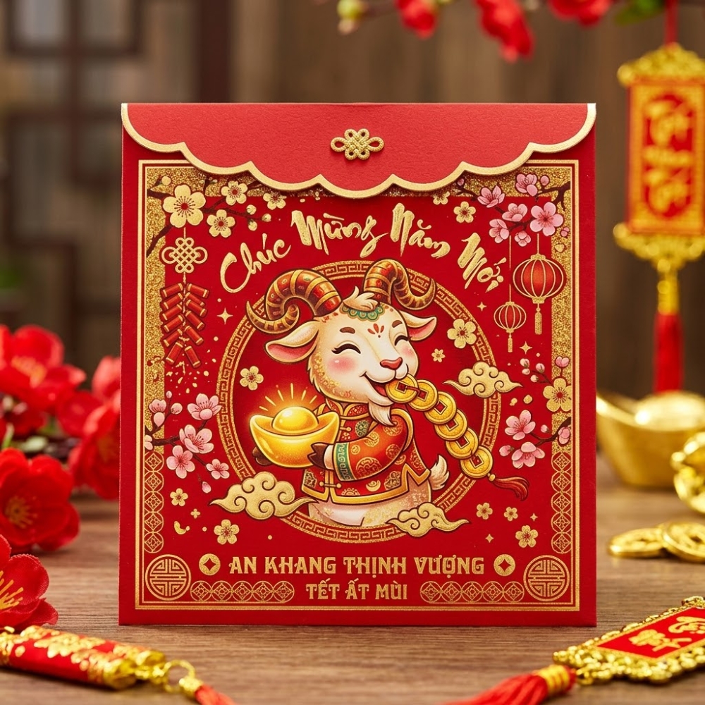 Mẫu bao lì xì con dê ngậm thìa vàng
